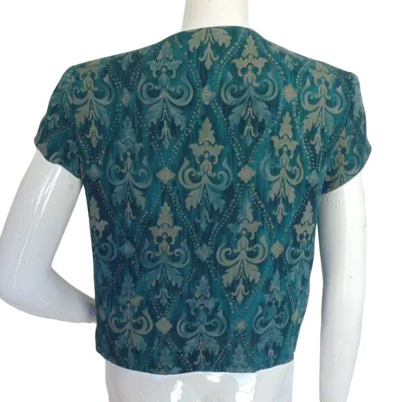 Karin Stevens Dress Set, 8, 2 pc, Cropped Jacket, Green/Tan Baroque print - Picture 4 of 15